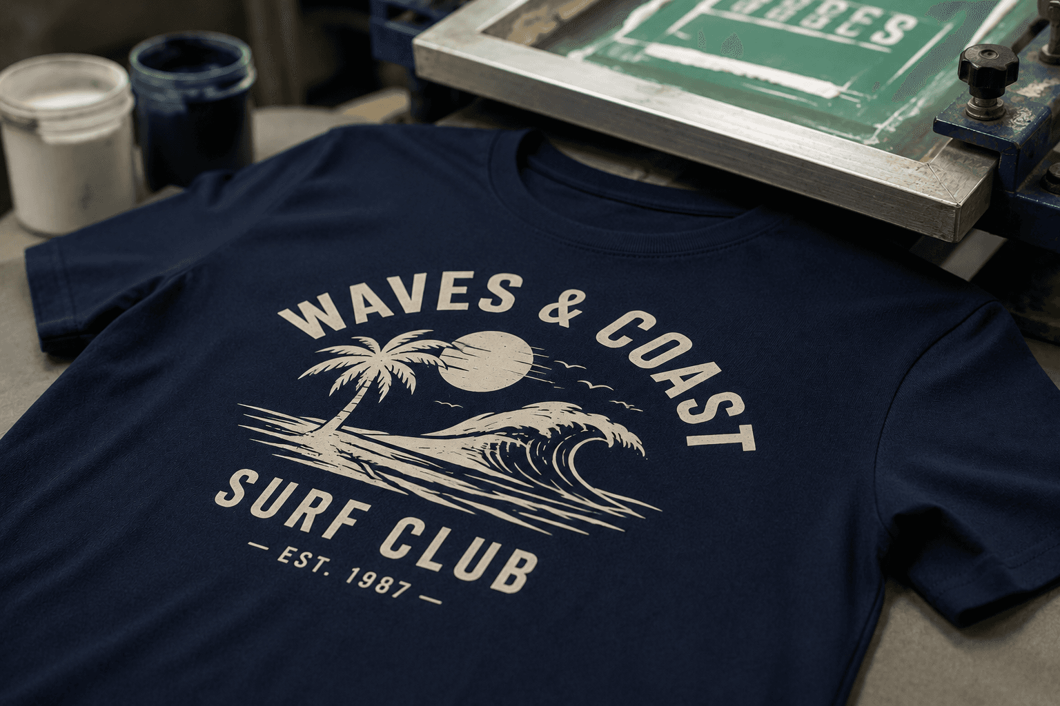 Exemple de sérigraphie : T-shirt bleu Waves & Coast Surf Club