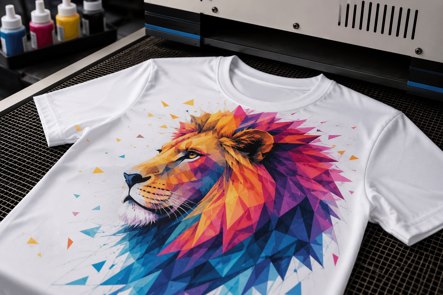 Exemple de sublimation : T-shirt blanc avec lion multicolore